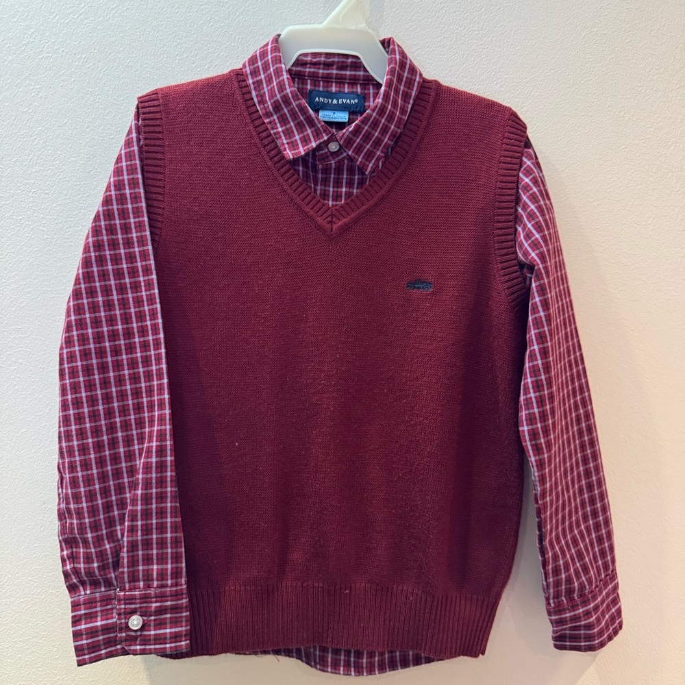 Andy & Evan Boy’s Maroon V-Neck Sweater Vest with Checkered Longsleeve shirt set